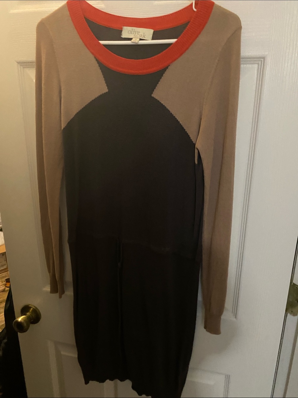 Olive & Oak Black and Tan Colorblock Knit Dress with Red Trim
